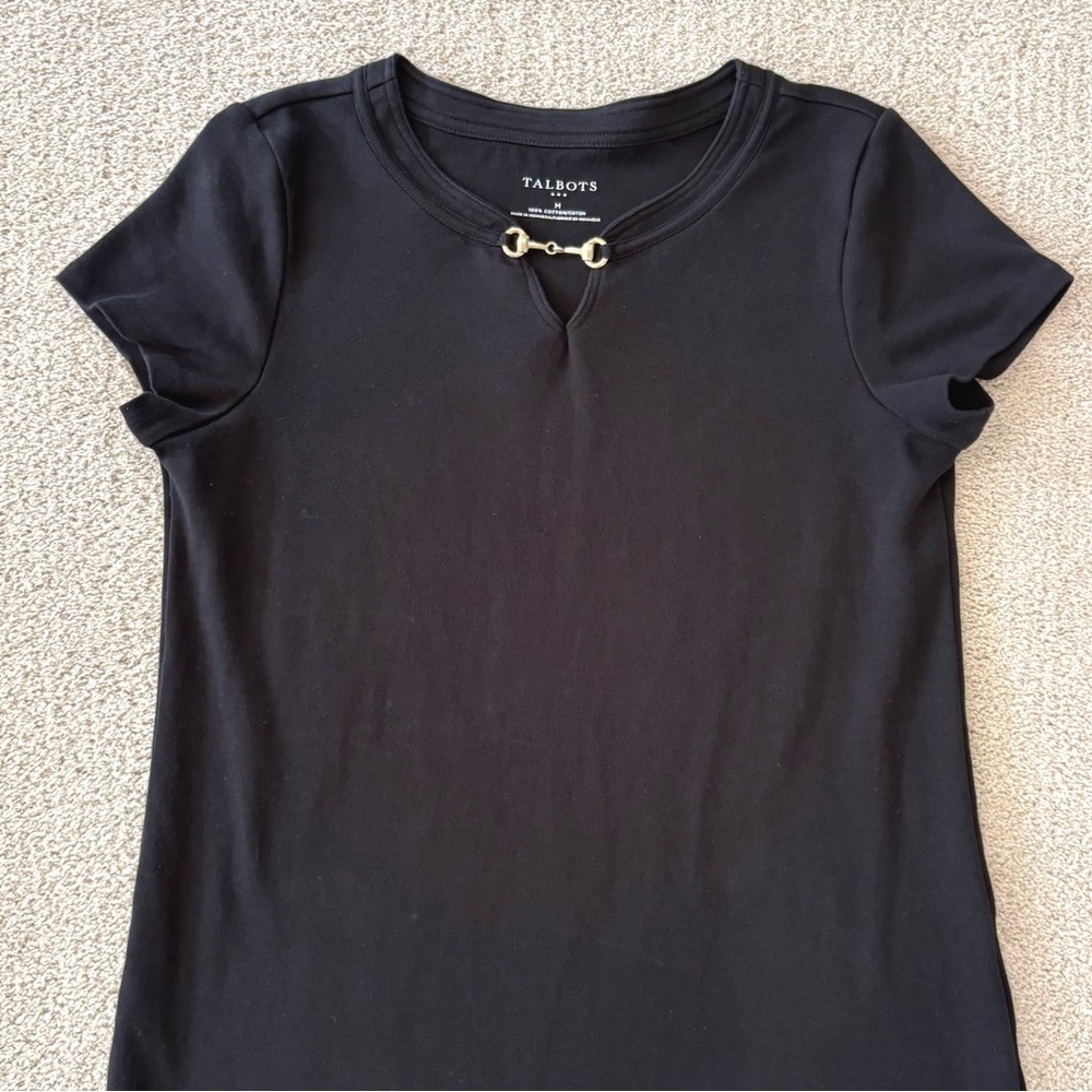 Talbots Black Short-Sleeve Classic Knit Dress Gold Hardware Women M 100% Cotton - Picture 2 of 11